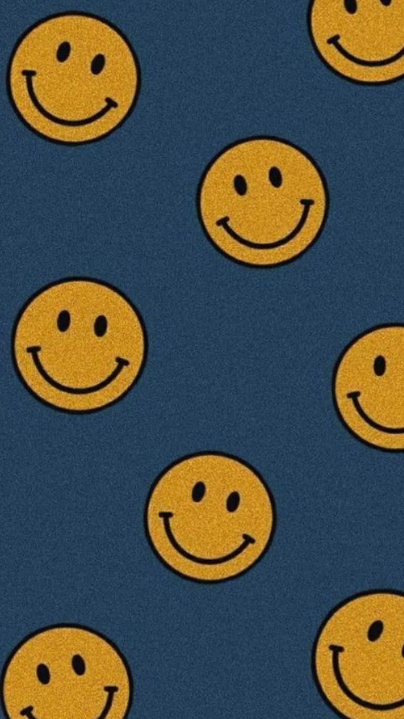 A blue background with yellow smiley faces - Happy, indie, smile, Smiley