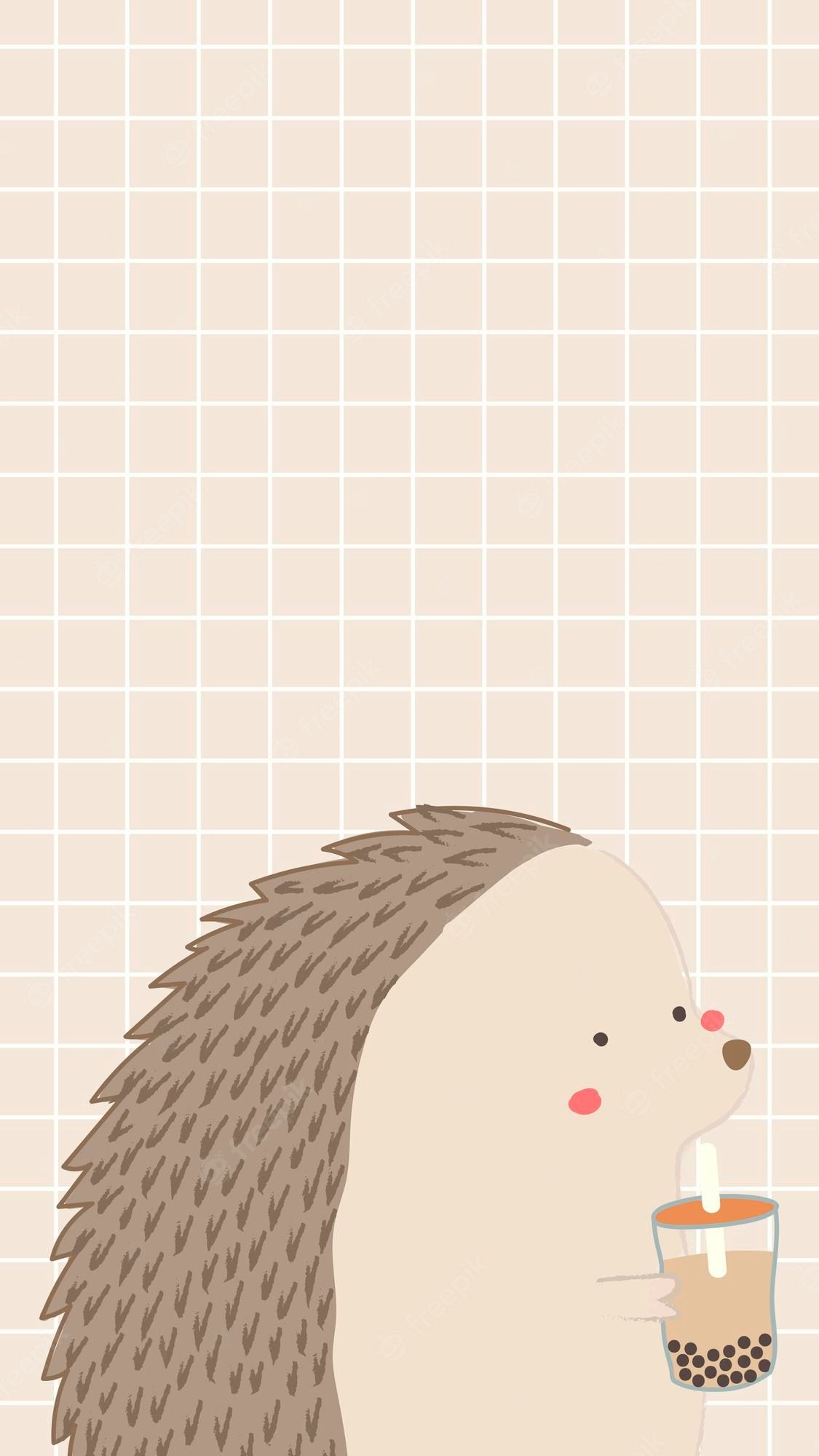 Free Vector. Cute porcupine drinking bubble tea mobile phone wallpaper