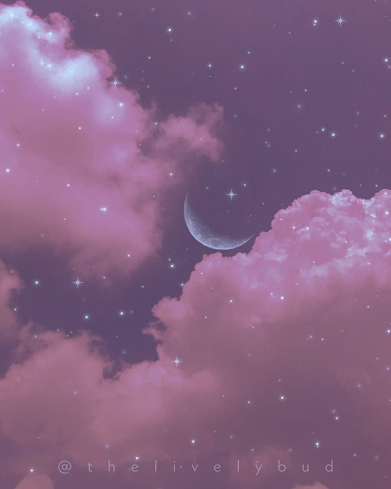 Aesthetic background of a purple sky with pink clouds and a crescent moon - Stars, moon, galaxy, indigo, HD, Android
