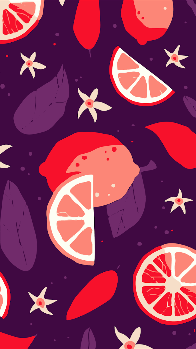 A purple background with illustrations of grapefruits and leaves. - Fruit
