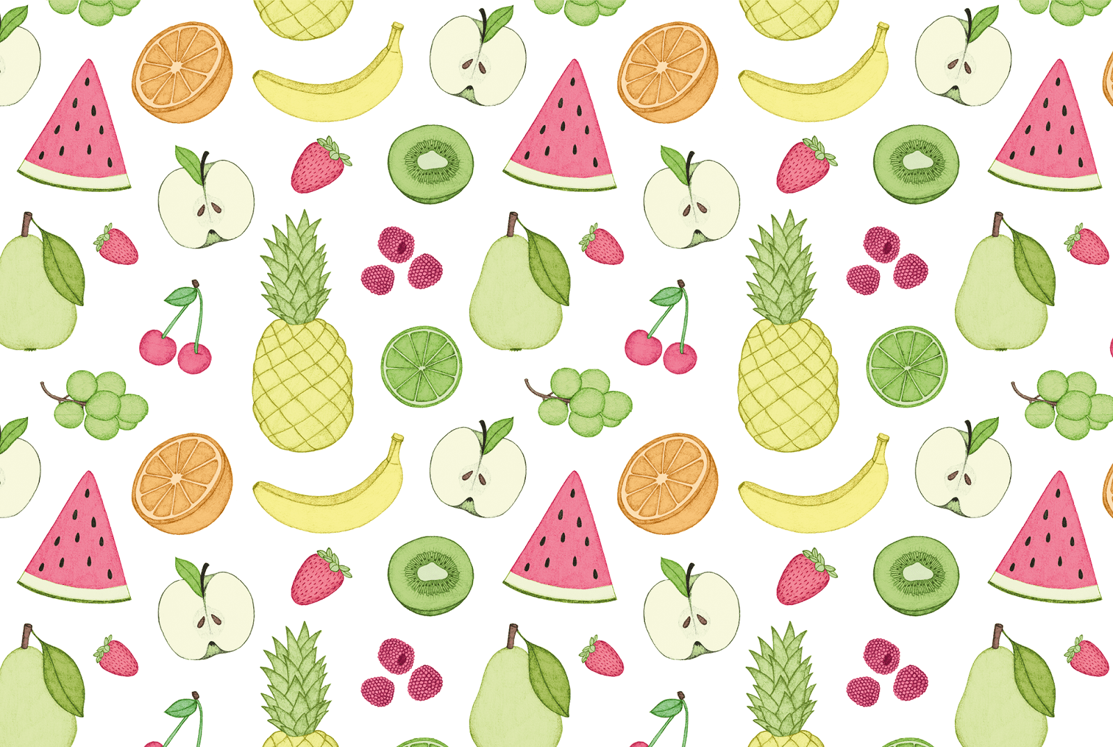 A colorful pattern of fruits including watermelon, kiwi, apple, pear, pineapple, banana, and strawberry. - Fruit