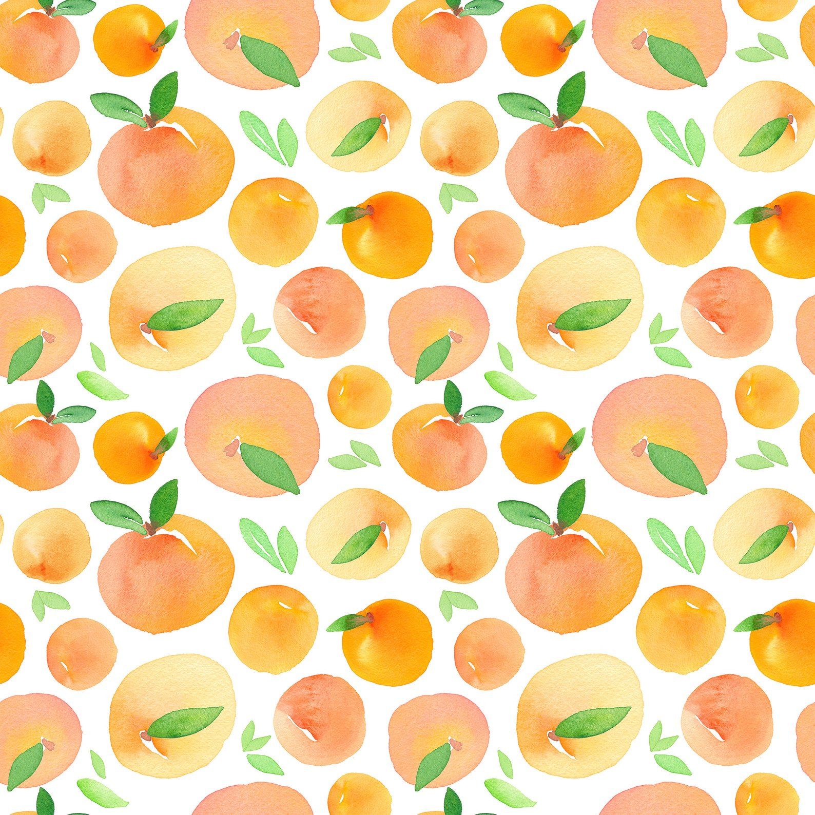 A watercolor pattern of oranges and leaves on a white background - Fruit