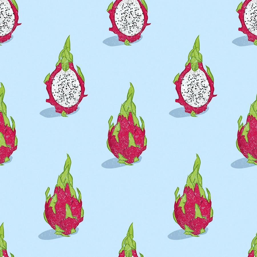 A blue background with illustrations of dragon fruit in full and half. - Fruit