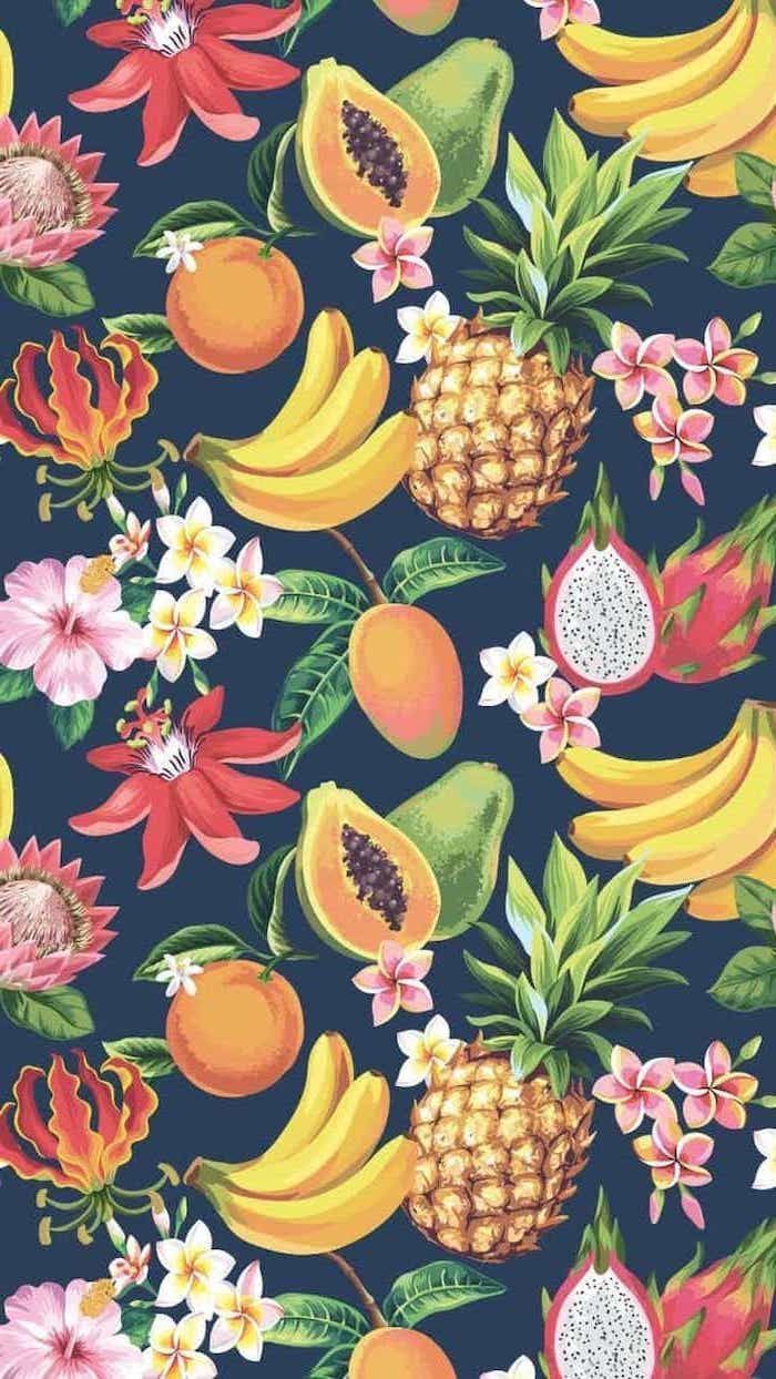 A tropical fruit pattern with pineapples, bananas and flowers - Fruit