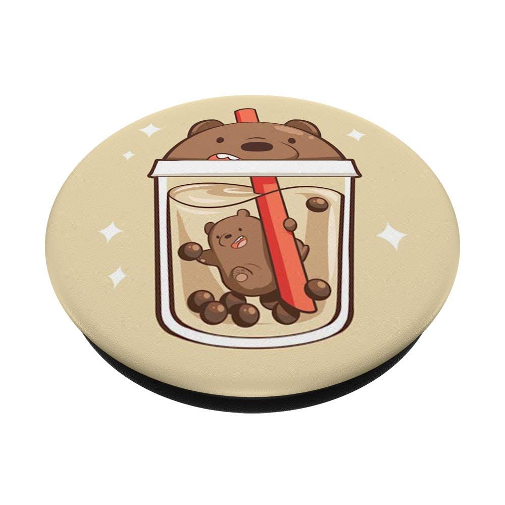 A cute cartoon bear floating in a cup of bubble tea PopSocket. - Boba