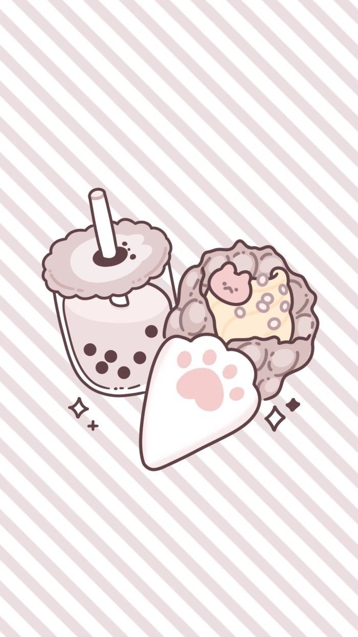 Wallpaper for phone, pink and white striped background, cup of bubble tea, cat paw print, pink cupcake - Boba