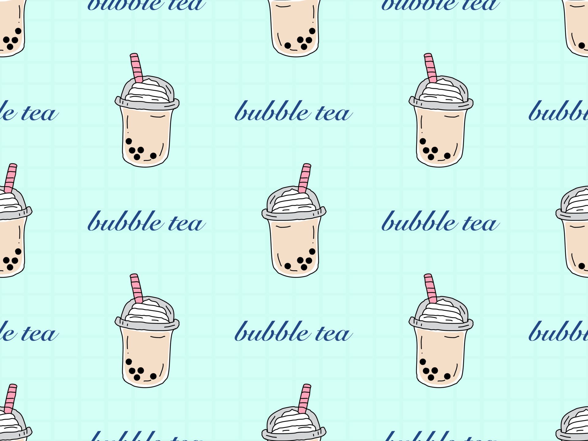 Bubble tea cartoon character seamless pattern on green background