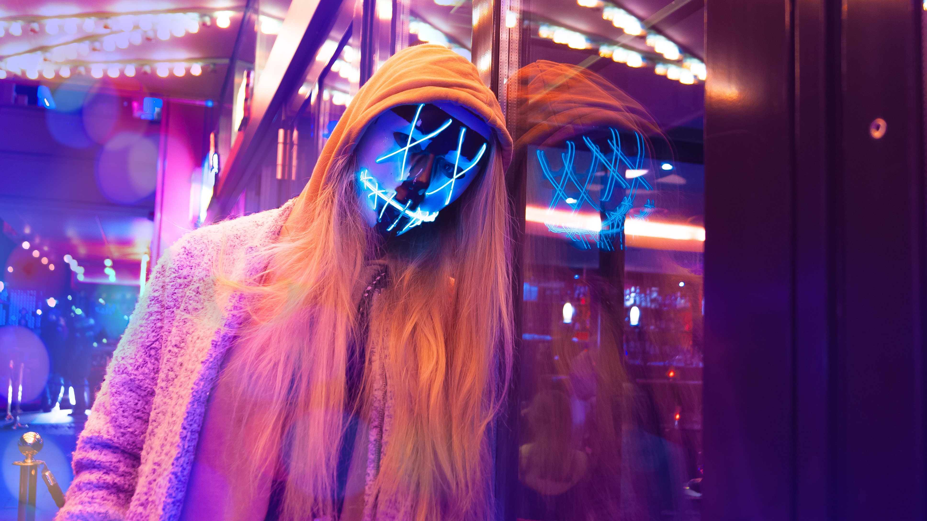 LED mask Wallpaper 4K, Neon, Pink, Anonymous, Photography