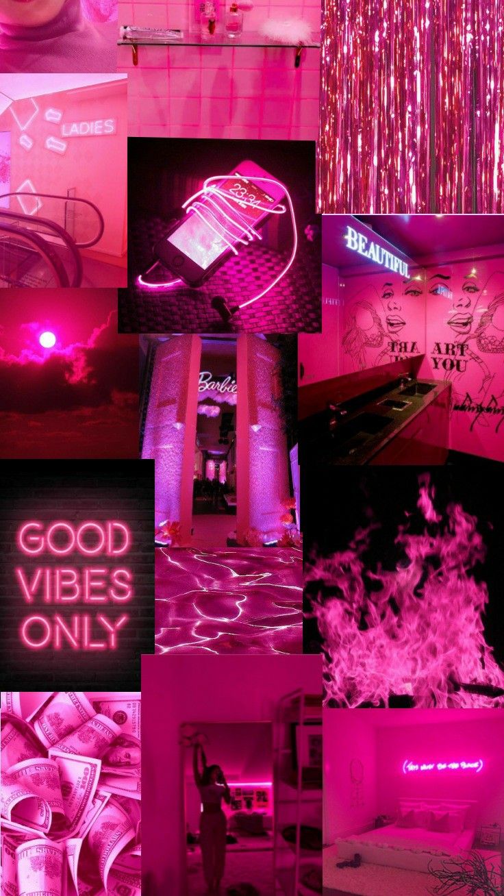 A collage of pictures with pink and purple - Neon pink