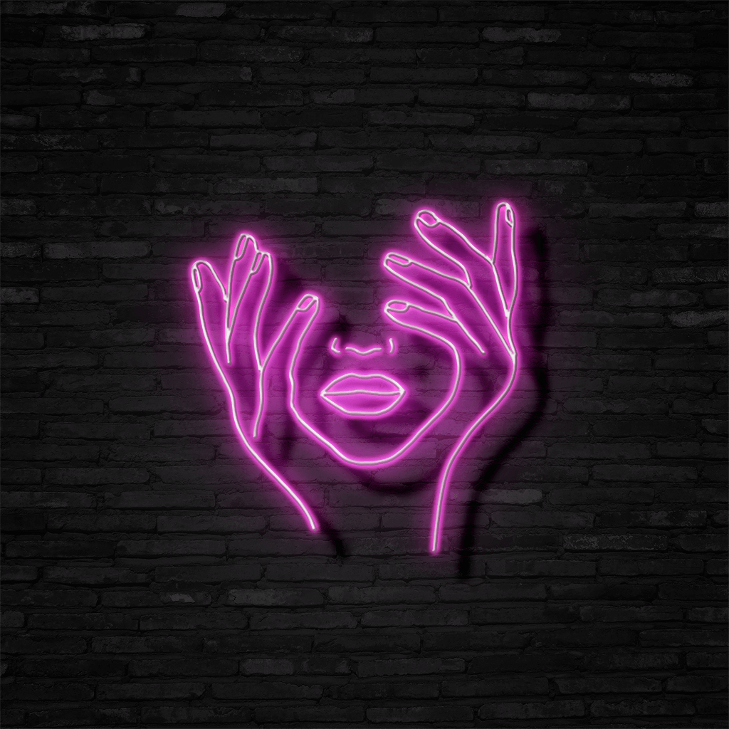 A neon sign of a woman's face with hands in front of her face. - Neon pink
