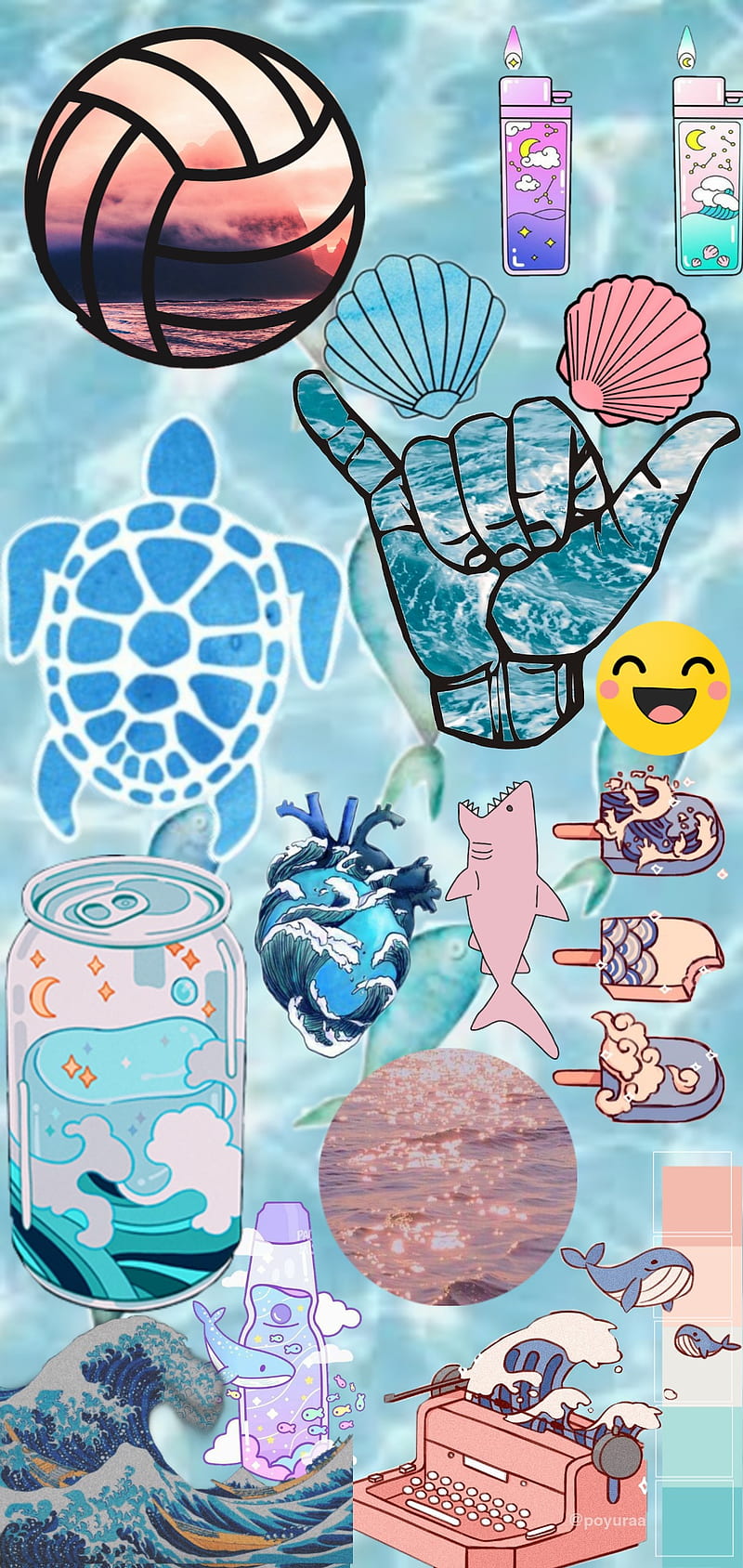A collage of various beach and ocean themed items such as a volleyball, seashells, a turtle, a whale, and a wave. - Volleyball