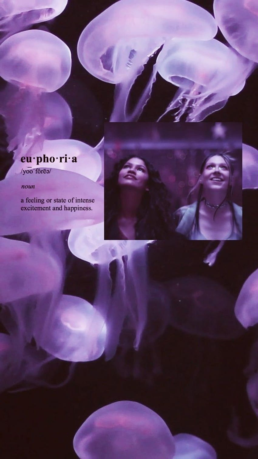 A purple aesthetic background image of jellyfish with two girls in the background. - Euphoria