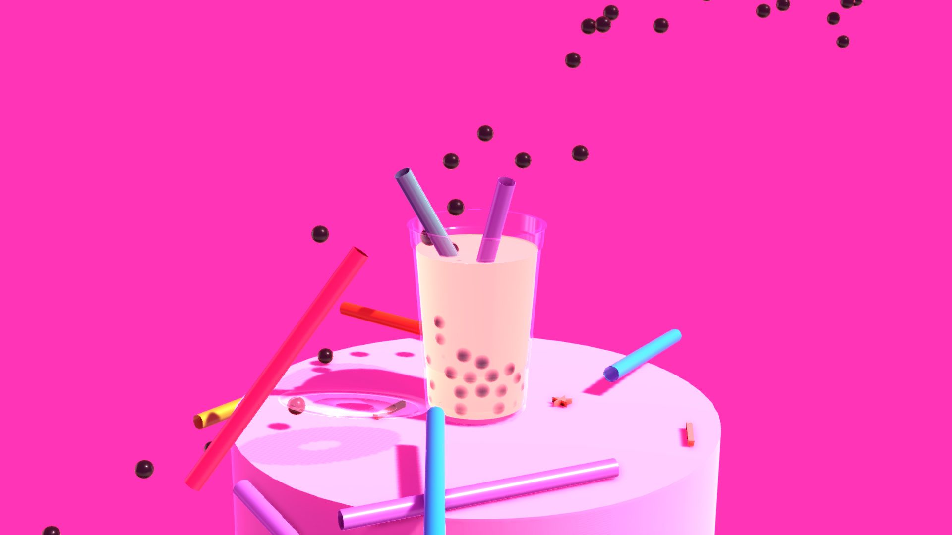 A pink drink in a glass with straws and bubbles - Boba