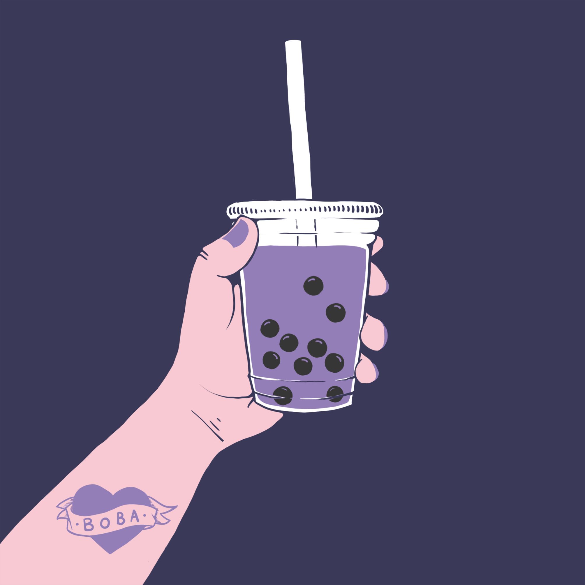 A hand holding a cup of purple Boba tea - Boba