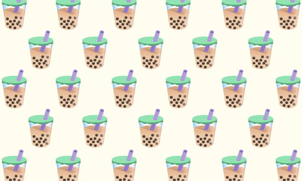 A pattern of bubble tea cups with purple straws - Boba