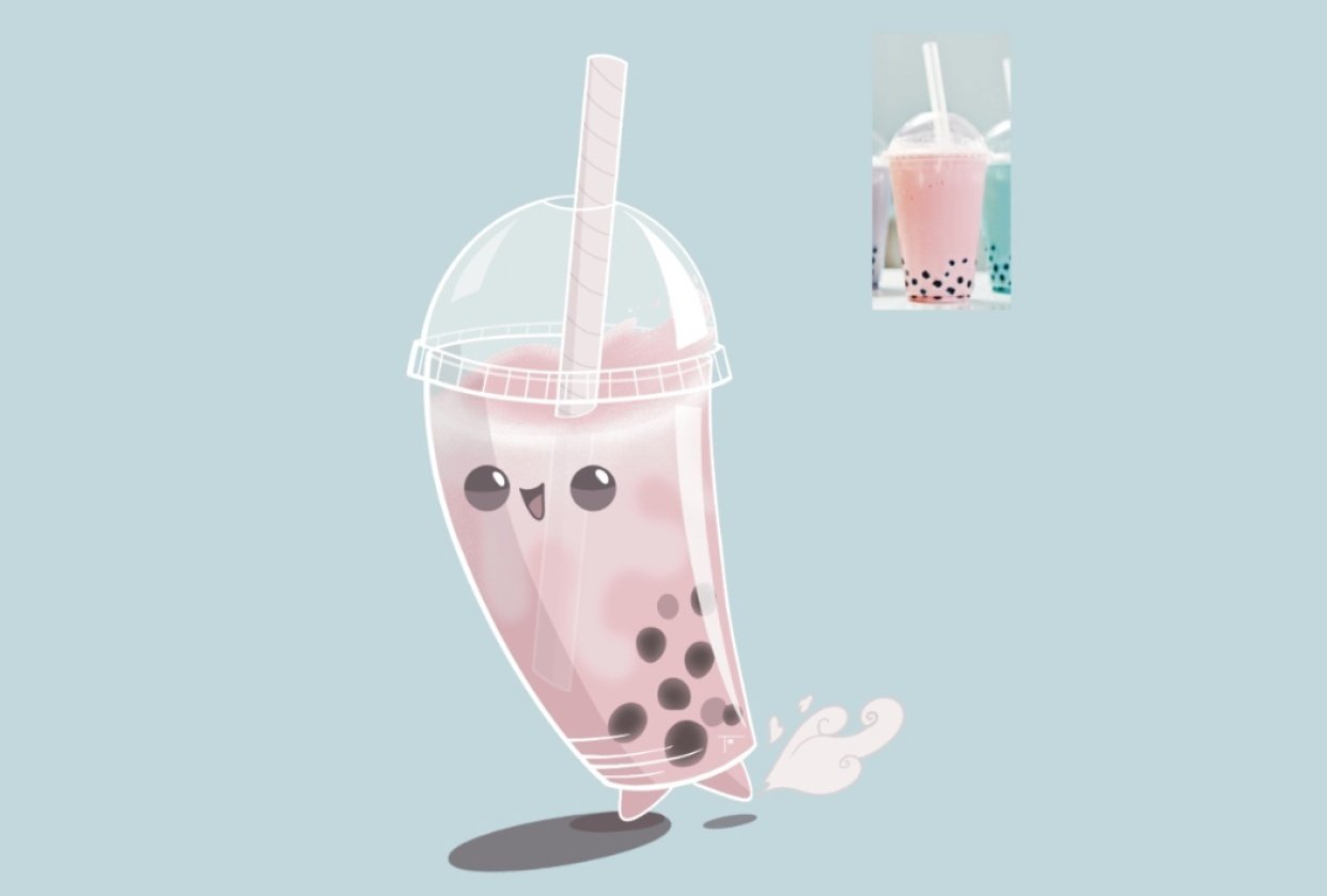 A graphic of a pink bubble tea with a face and a smile. - Boba