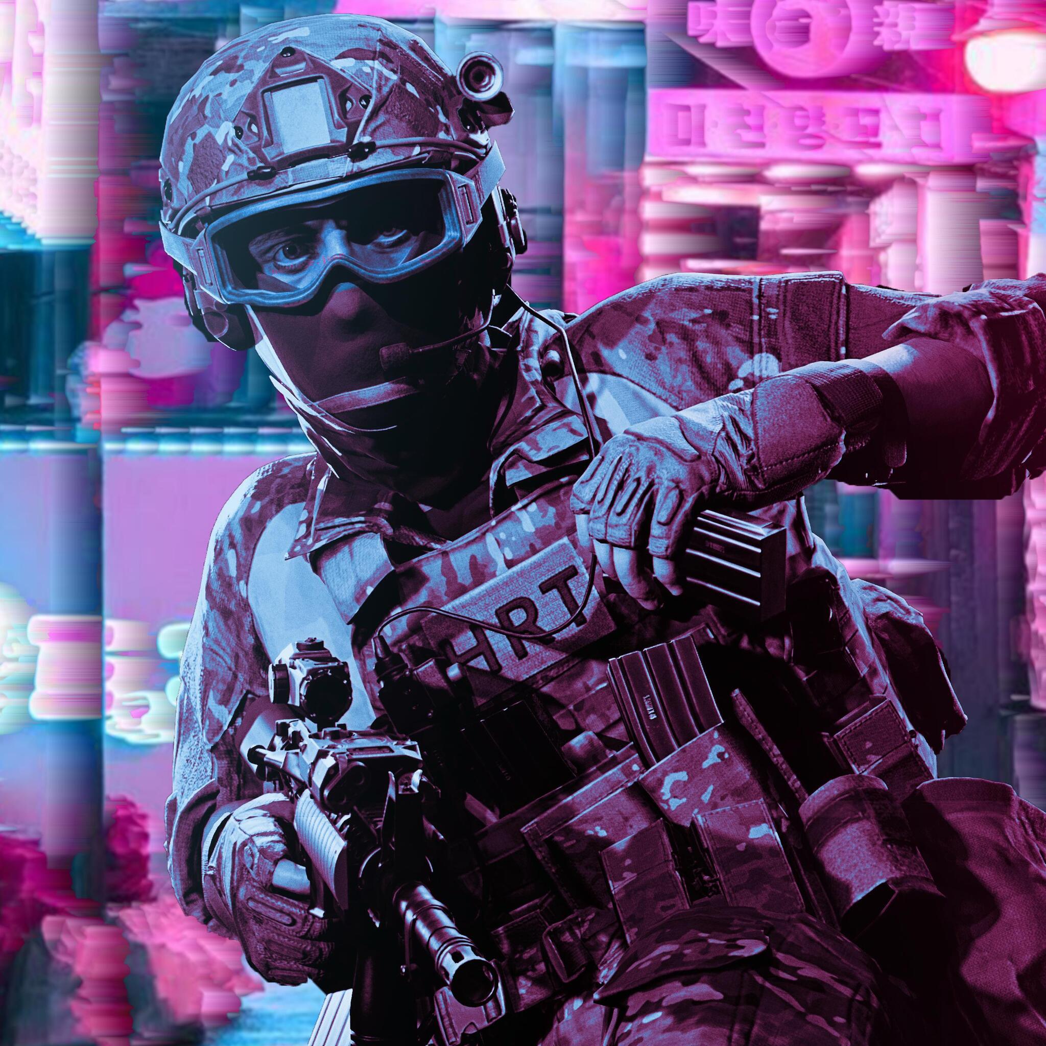 A soldier in full gear aims a gun at a pink and purple neon-lit cityscape. - Glitch
