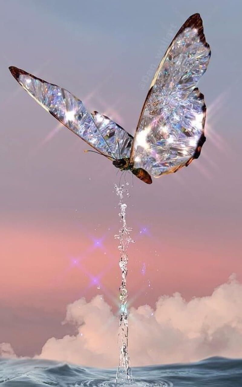 A digital image of a butterfly with iridescent wings flying over water. - Diamond, bling, water