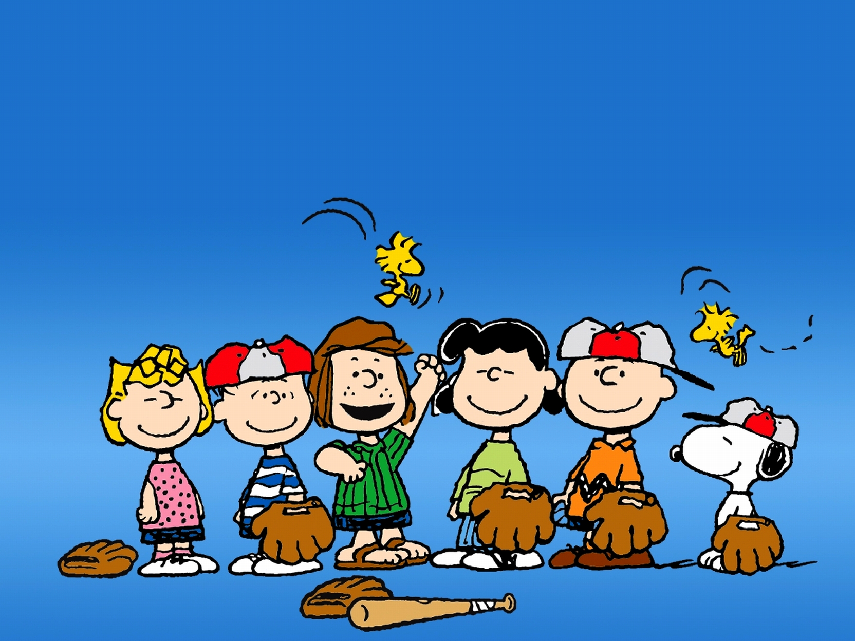Charlie Brown and the Peanuts gang are ready to play baseball. - Charlie Brown