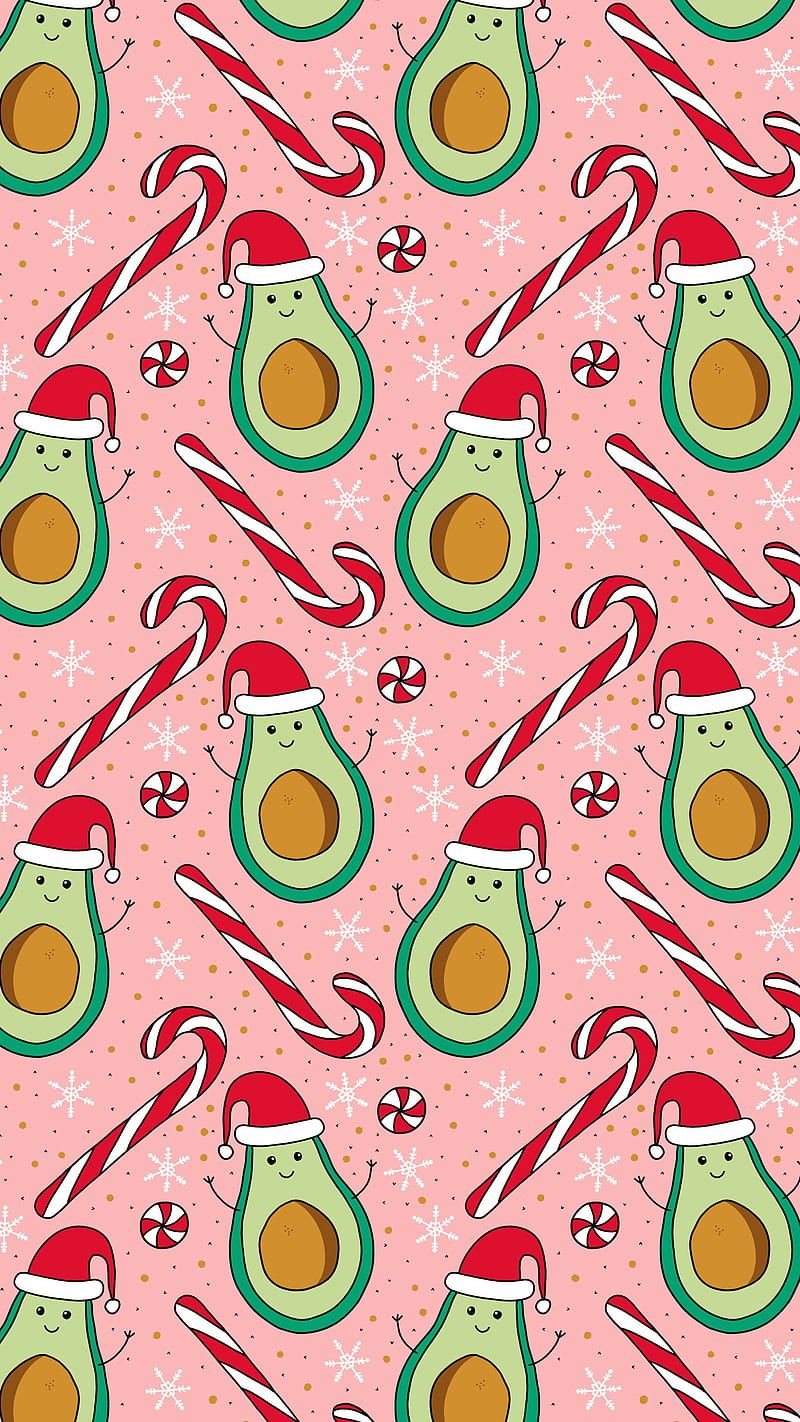 A cute christmas pattern with avocado, santa hats and other items - Candy cane