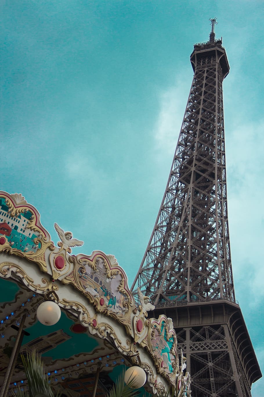 HD wallpaper: eiffel tower, blue, carousel, city, urban, low angle view, built structure