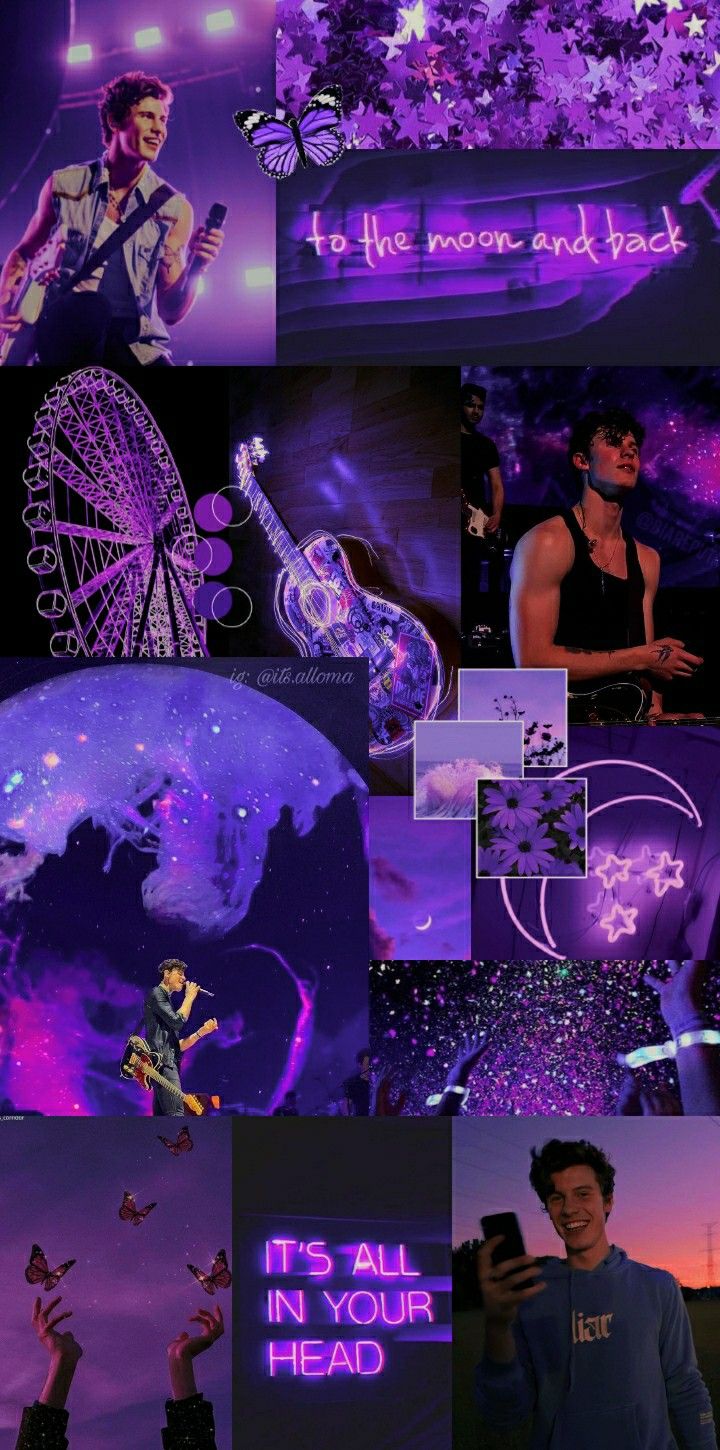 A collage of pictures with purple backgrounds - Shawn Mendes