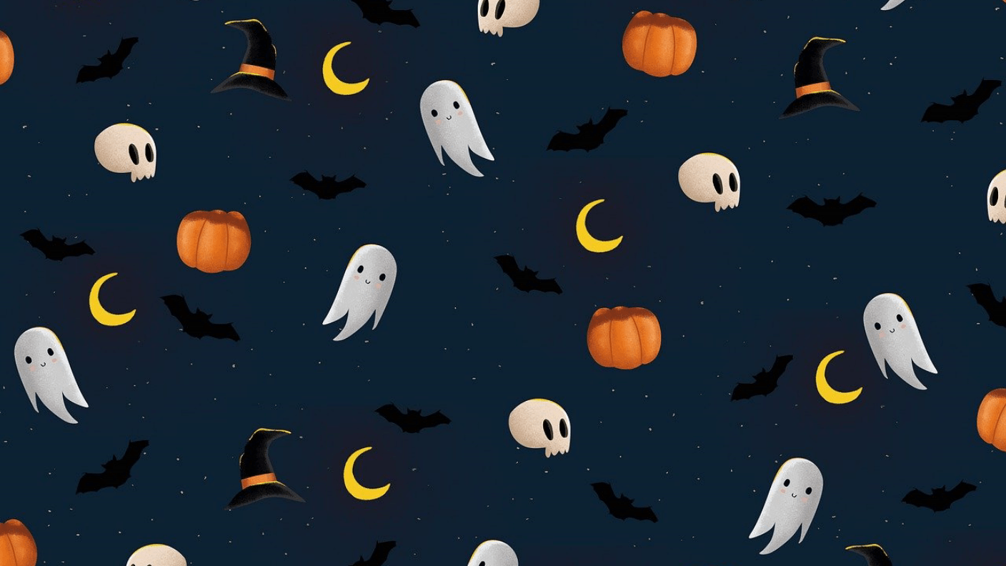 A pattern of Halloween elements such as ghosts, pumpkins, bats, and hats. - Halloween, computer, Halloween desktop, cute Halloween, spooky
