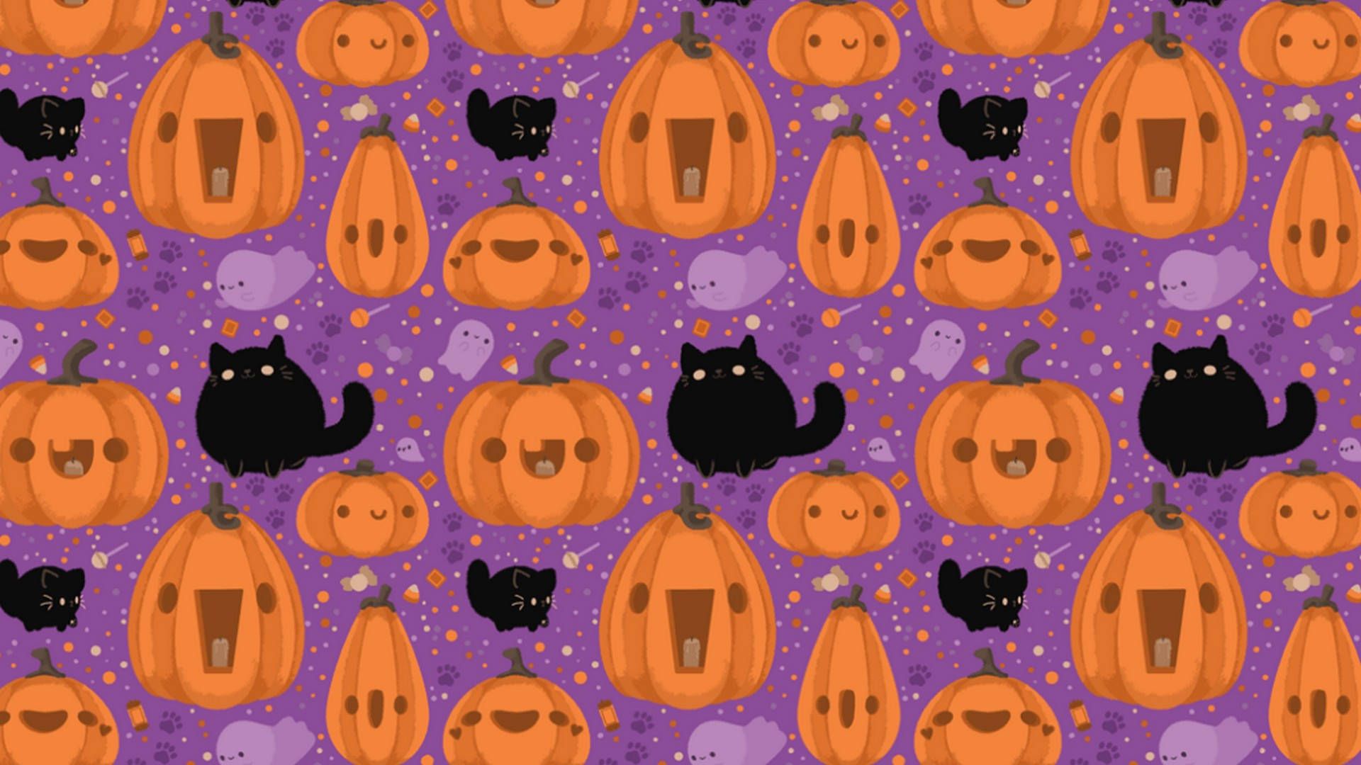 Download Cute Aesthetic Halloween Cats And Pumpkins Wallpaper