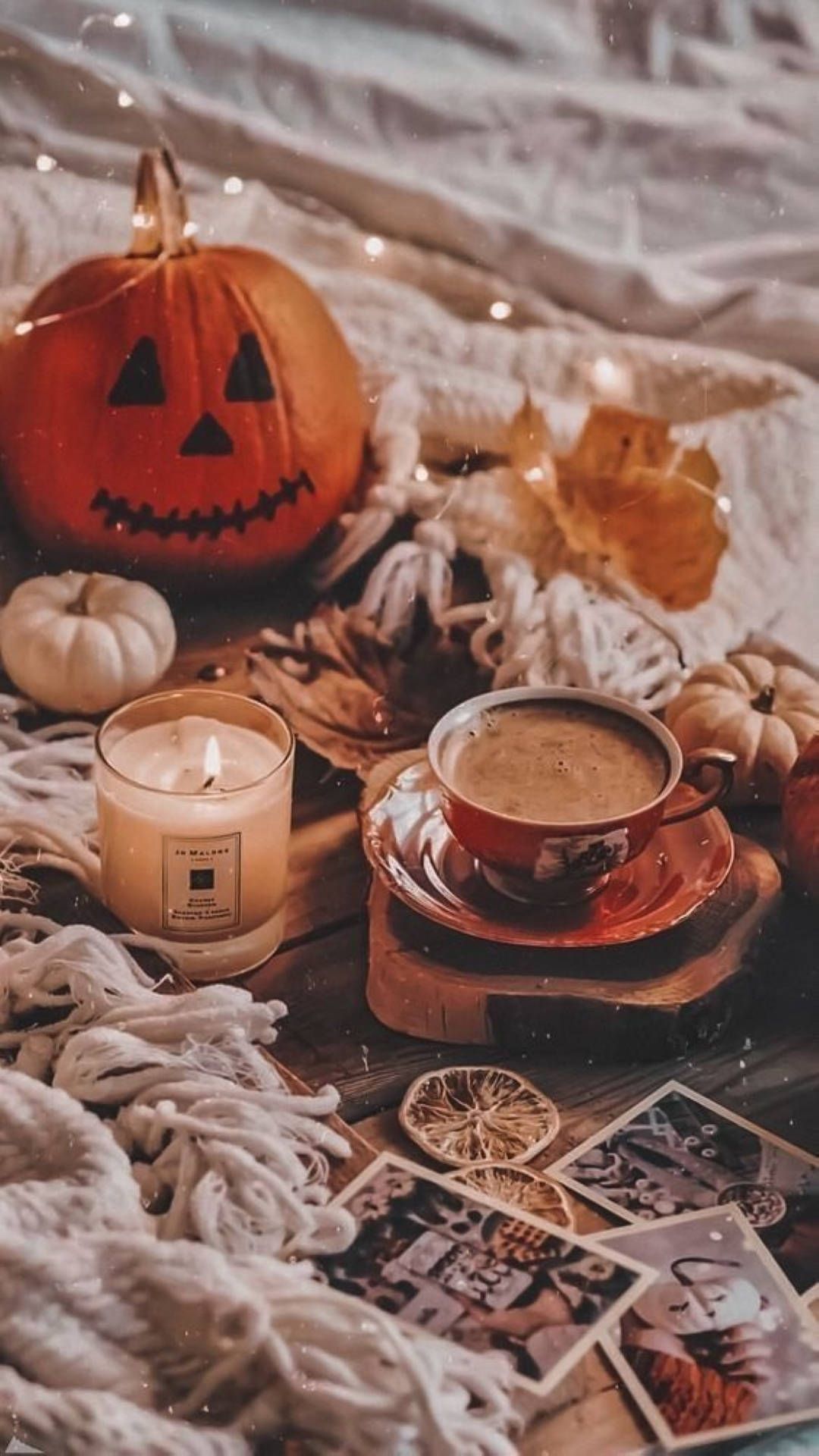 A pumpkin, candles and coffee on the bed - Halloween, coffee, pumpkin, flat lay