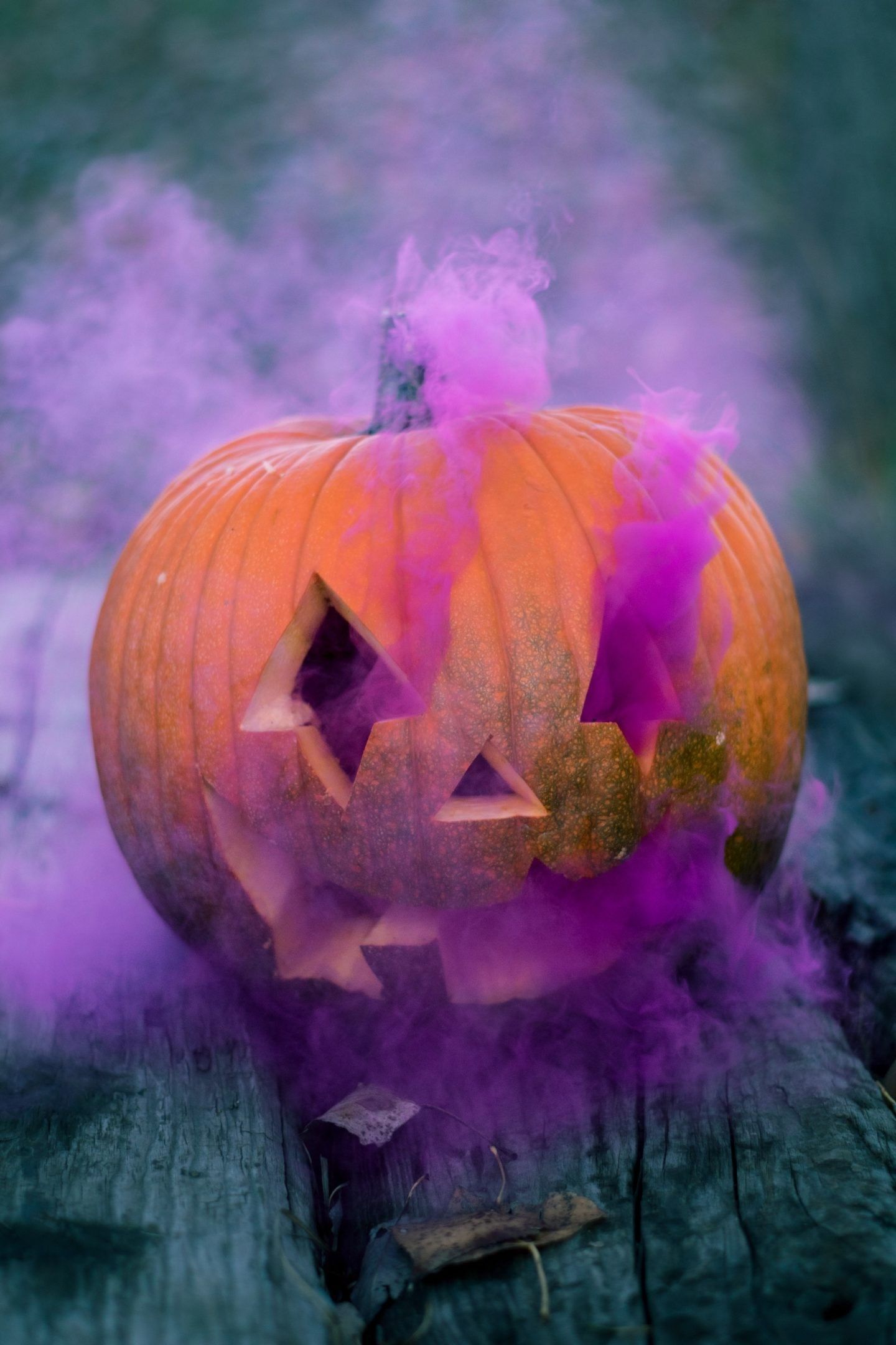 A pumpkin with a carved face on it sitting on a wooden log with purple smoke coming out of it. - Pumpkin, Halloween, cute Halloween