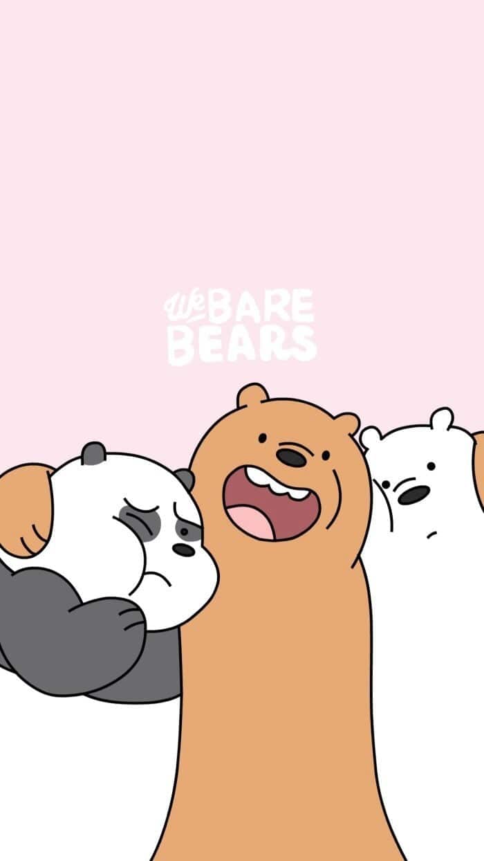 The three bears are hugging each other on a pink background - We Bare Bears