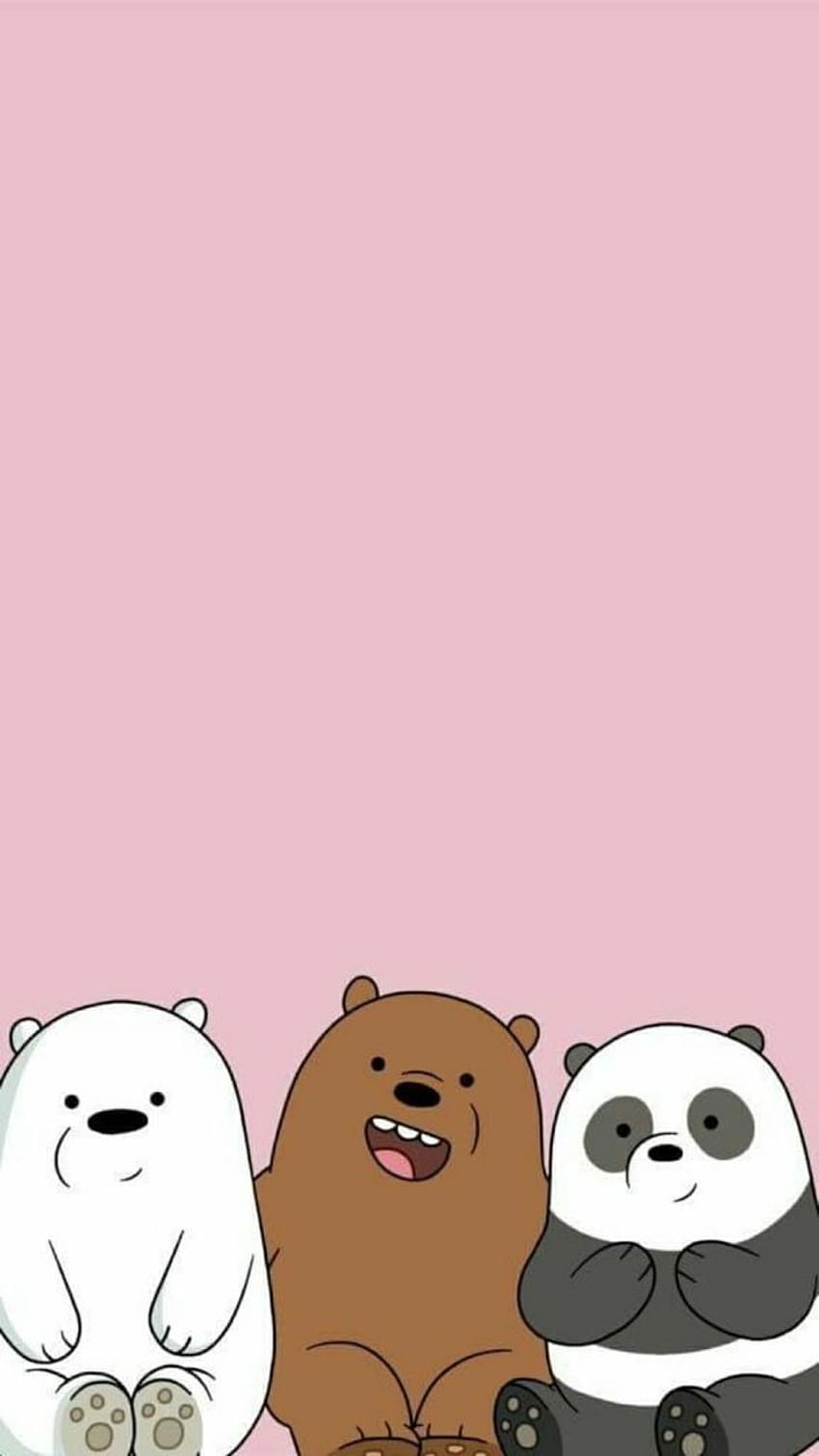 Cartoon wallpaper, three bears, white bear, brown bear and panda bear, sitting next to each other, pink background - We Bare Bears