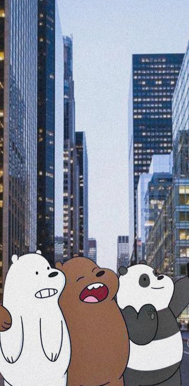 Three panda bears standing in front of a city - We Bare Bears