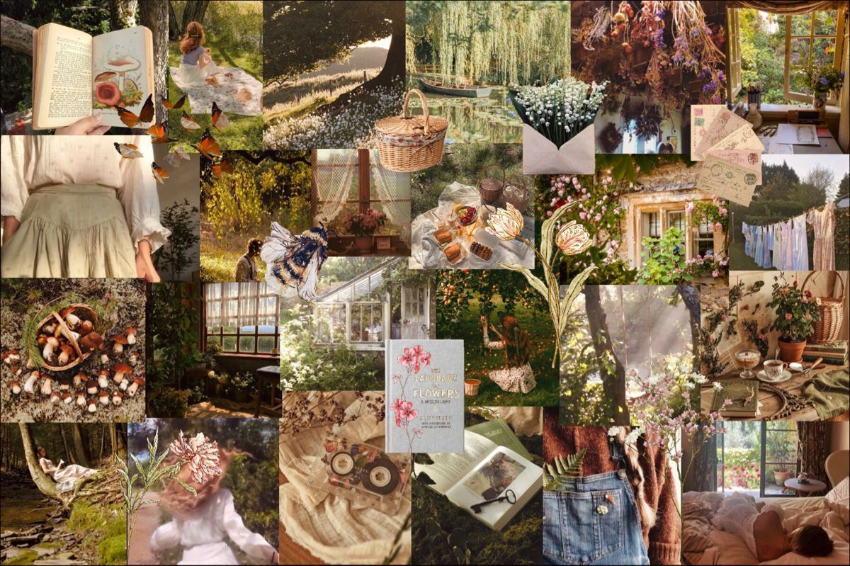 A collage of pictures showing different scenes - Cottagecore, Goblincore