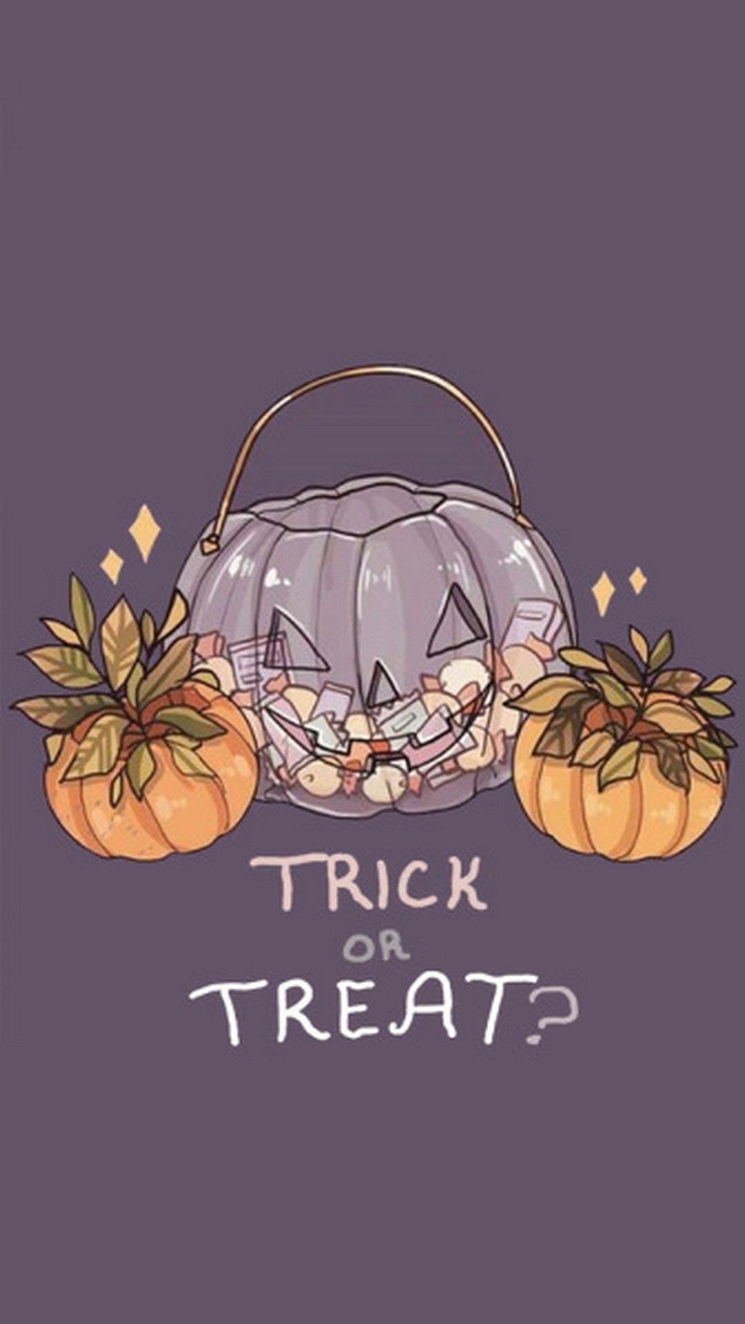 A purple background with a Jack O Lantern trick or treat bucket filled with candy and two smaller pumpkins on either side. - Halloween