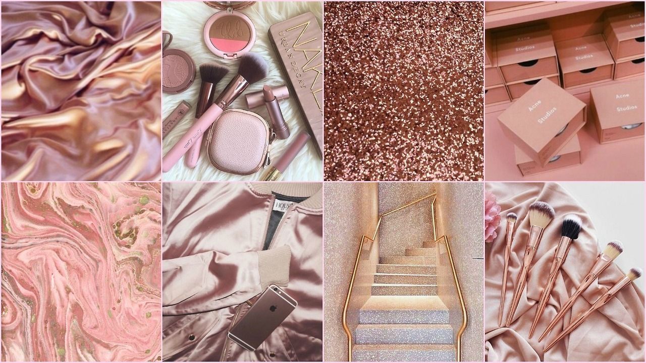 A collage of rose gold and pink images including makeup, stairs, and clothing - Rose gold