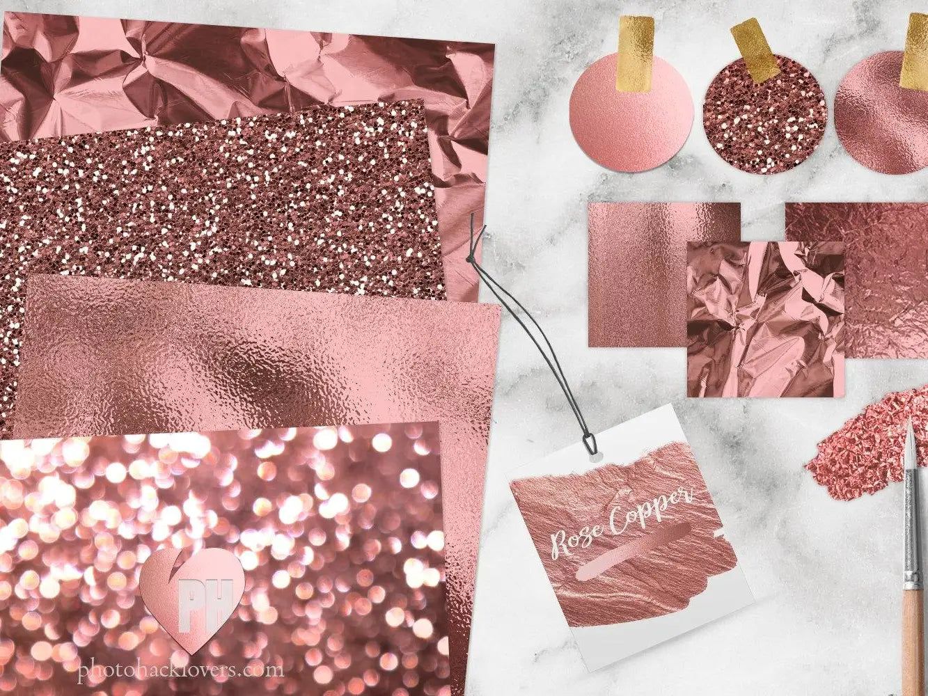 A mood board with rose gold and copper foil textures, patterns and design elements. - Rose gold, bling