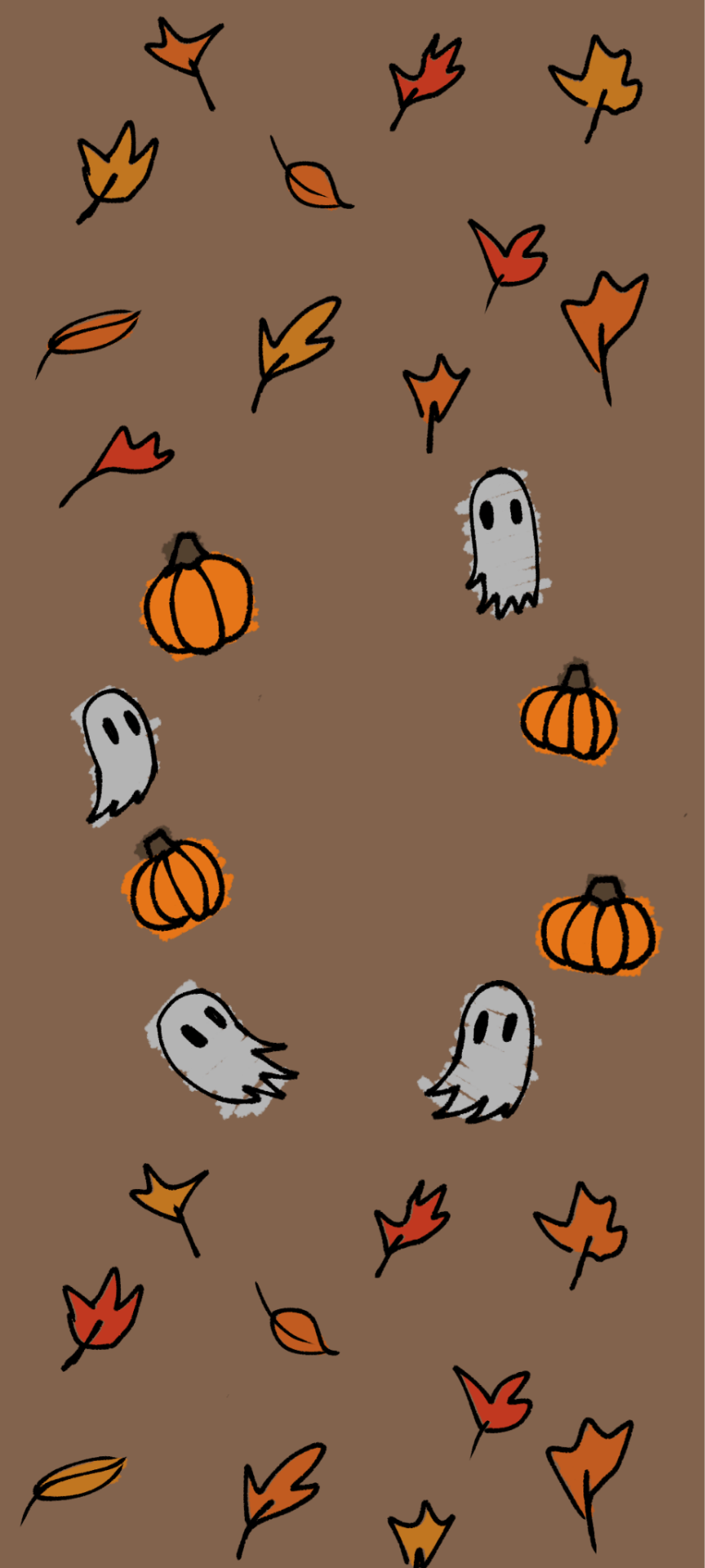 Halloween wallpaper with ghosts, pumpkins, and leaves - Halloween
