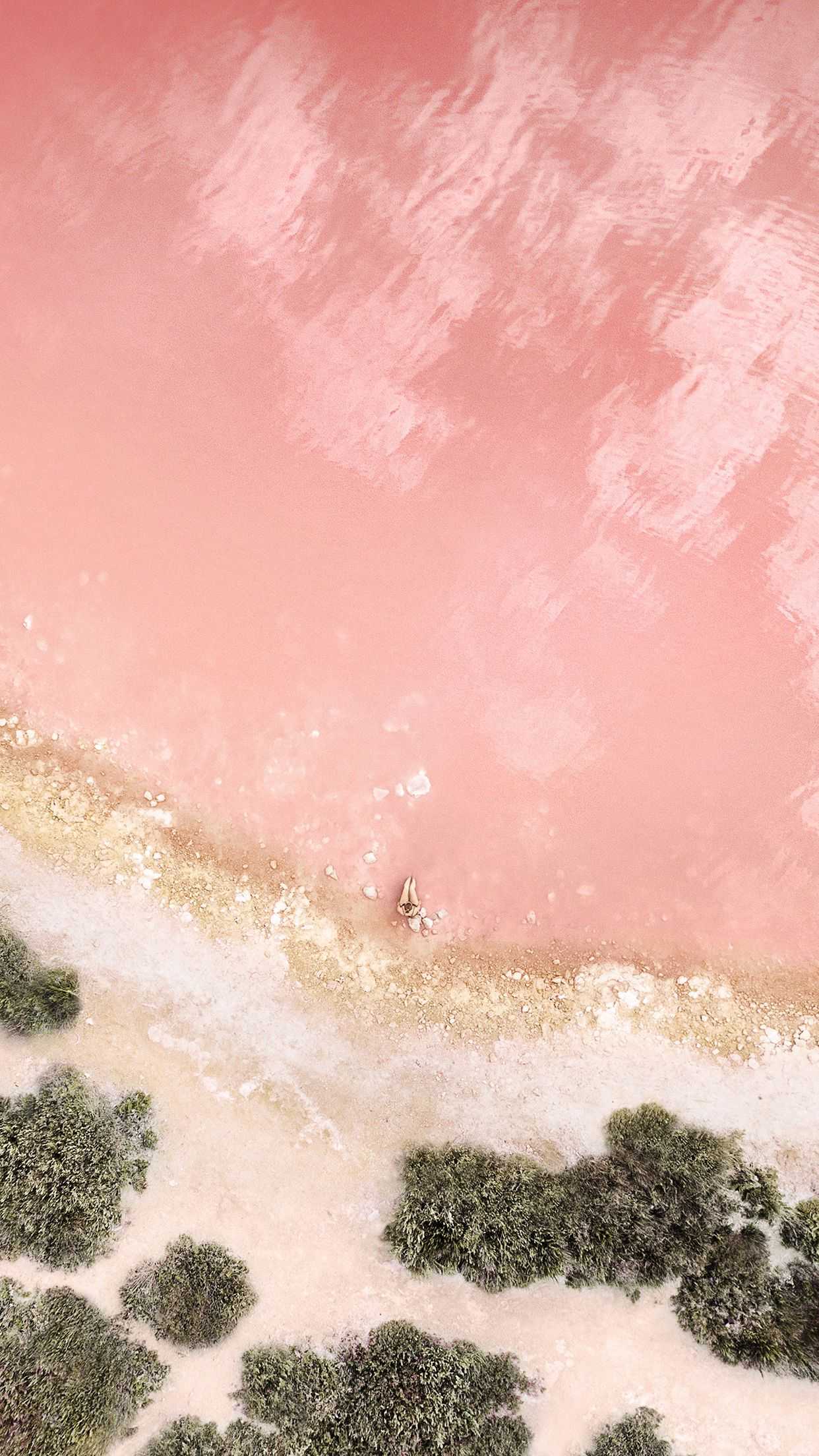 A woman in a bikini lying on a pink salt lake - Rose gold