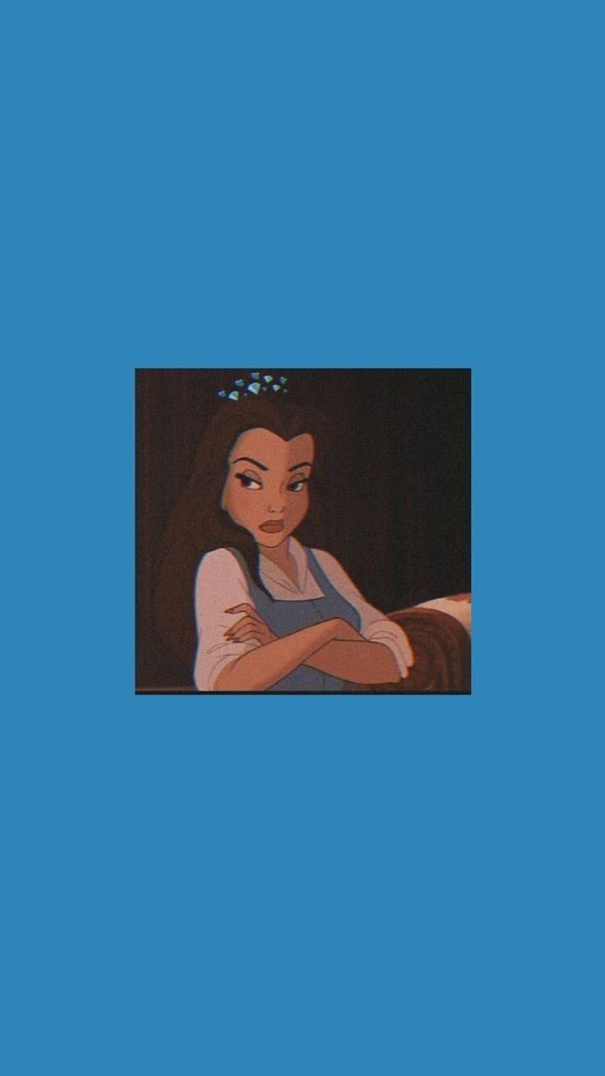 A cartoon character with long hair is sitting on the couch - Belle