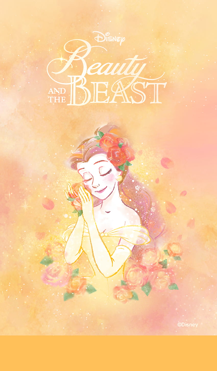 Disney Princess Belle from Beauty and the Beast with a soft yellow and pink background - Belle