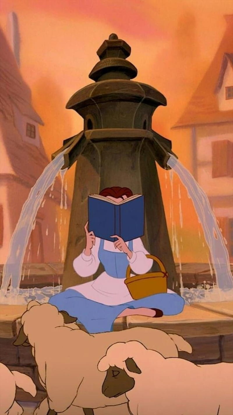 Disney princess belle reading a book in front of sheep - Belle