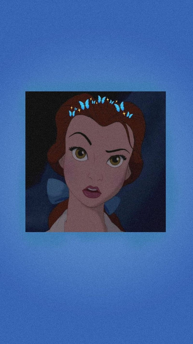 A blue square with a picture of a woman from the animated movie 