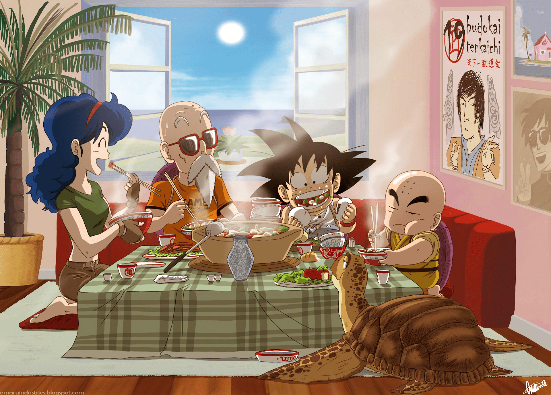 Dragon Ball Z fan art of the Z family sitting around a table eating food. - Dragon Ball