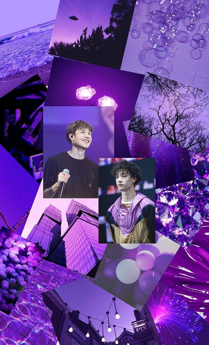 A purple aesthetic with pictures of V, Jimin, and Jungkook from BTS. - Bang Chan