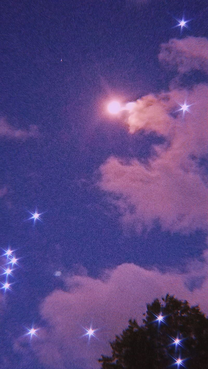 Bling sky, light, moon, nature, purple, ski, stars, trees, HD phone wallpaper