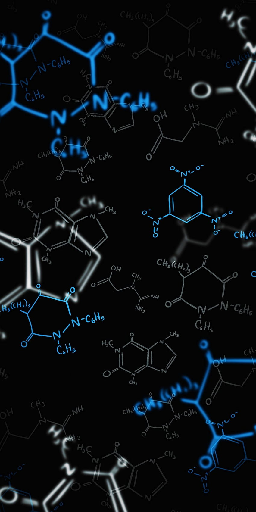 A blue and black background with many chemicals - Chemistry