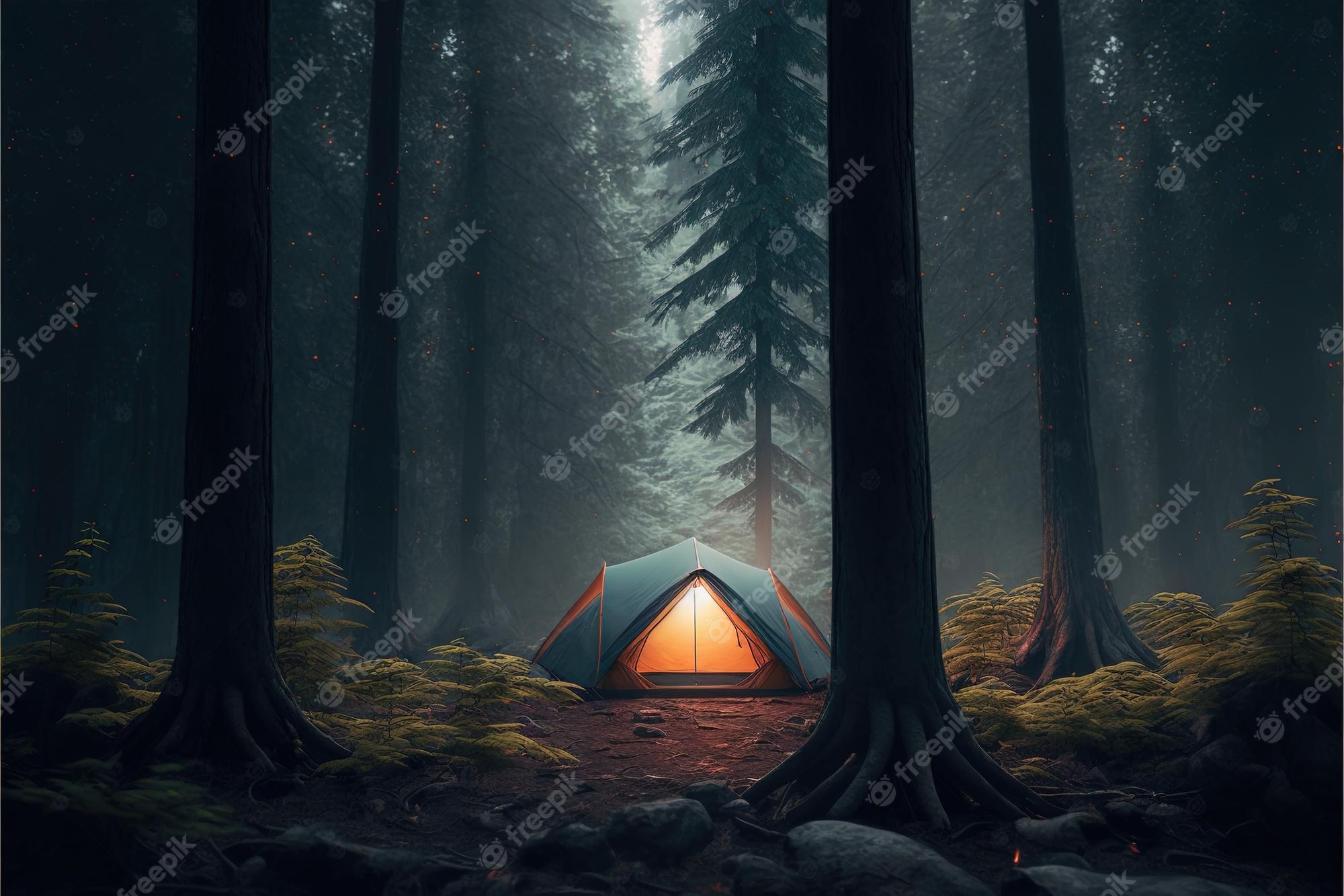 Premium Photo. Camping in a dark foggy forest campfire night forest fog moonlight cozy evening by the fire ai