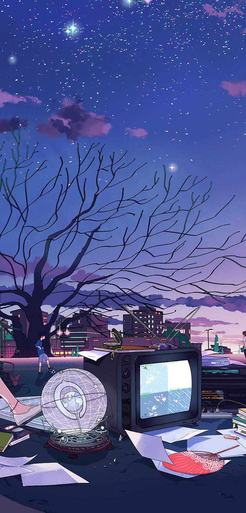A digital painting of a cityscape at night with a TV and a starry sky - Camping