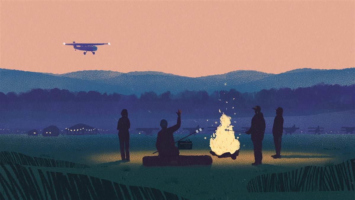 Illustration of four people standing around a campfire with a plane flying overhead - Camping